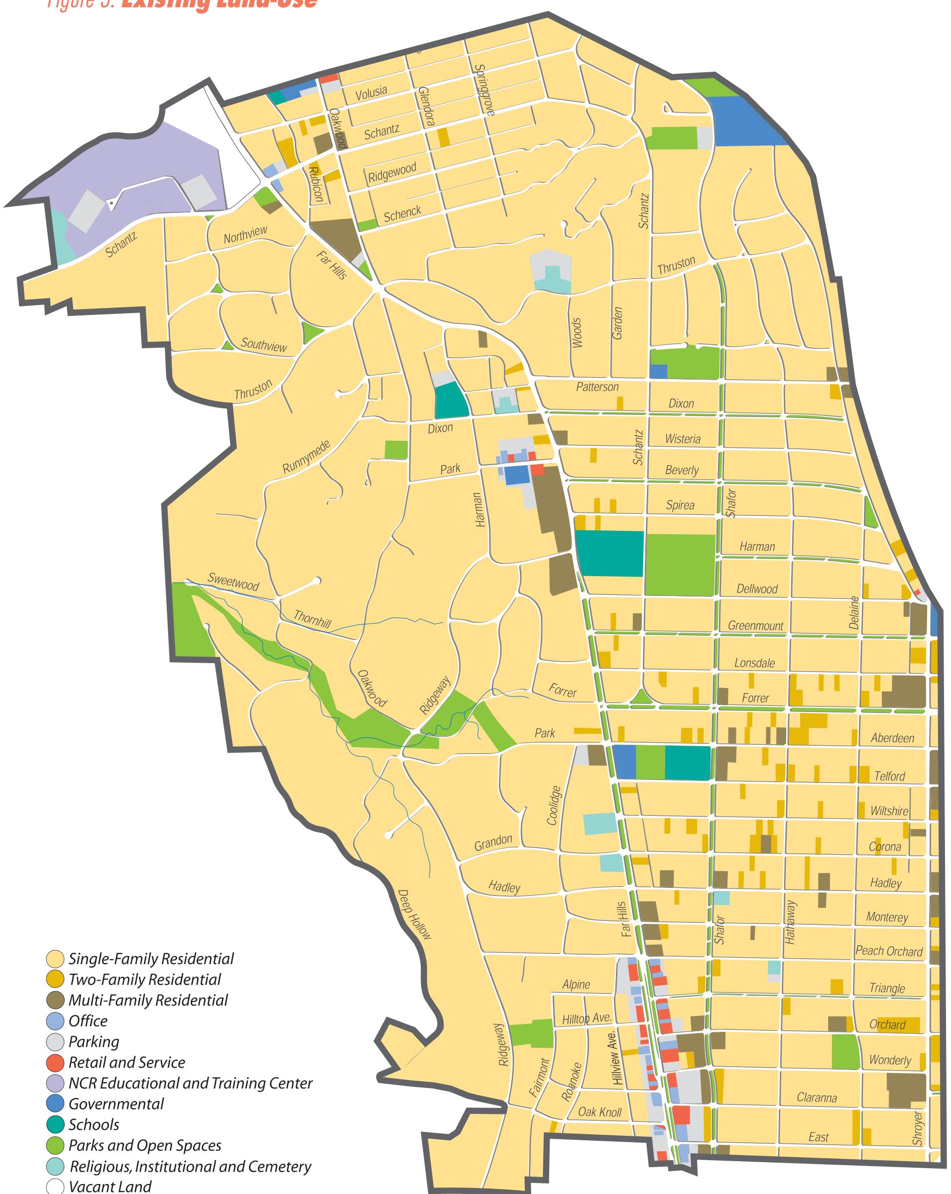 Figure 3: Existing Land-Use map of the City of Oakwood, Ohio, showing the city boundary, streets, colored land-use areas, and the land-use legend. Activate the image to open a full-resolution view.