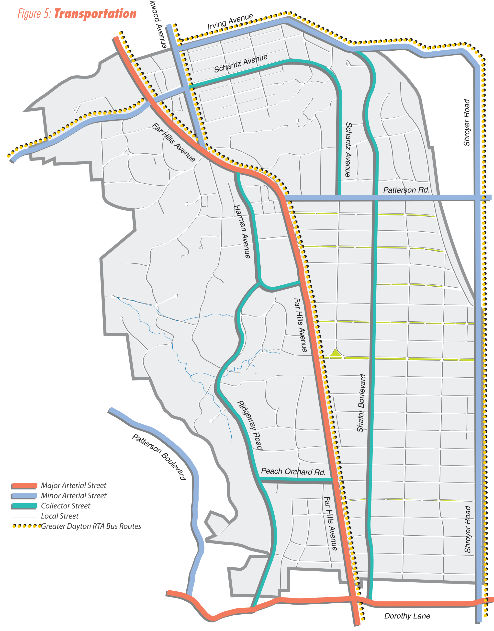 Figure 5: Transportation Map of City of Oakwood, Ohio, showing Major Arterial Streets, Minor Arterial Streets, Collector Streets, Local Streets, and Greater Dayton RTA Bus Routes.
