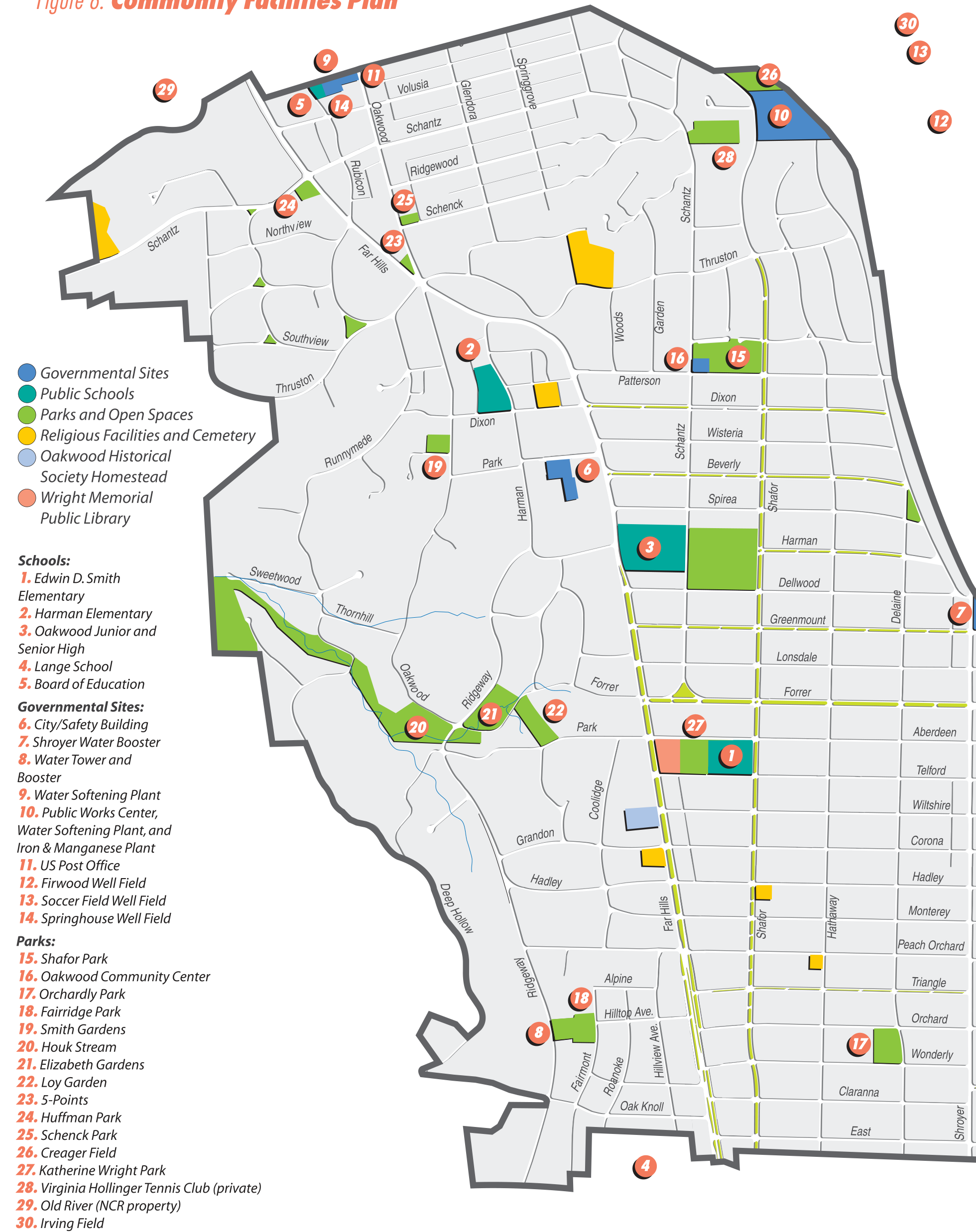Figure 6: Community Facilities Plan map showing locations of schools, governmental sites, and parks in the City of Oakwood, Ohio
