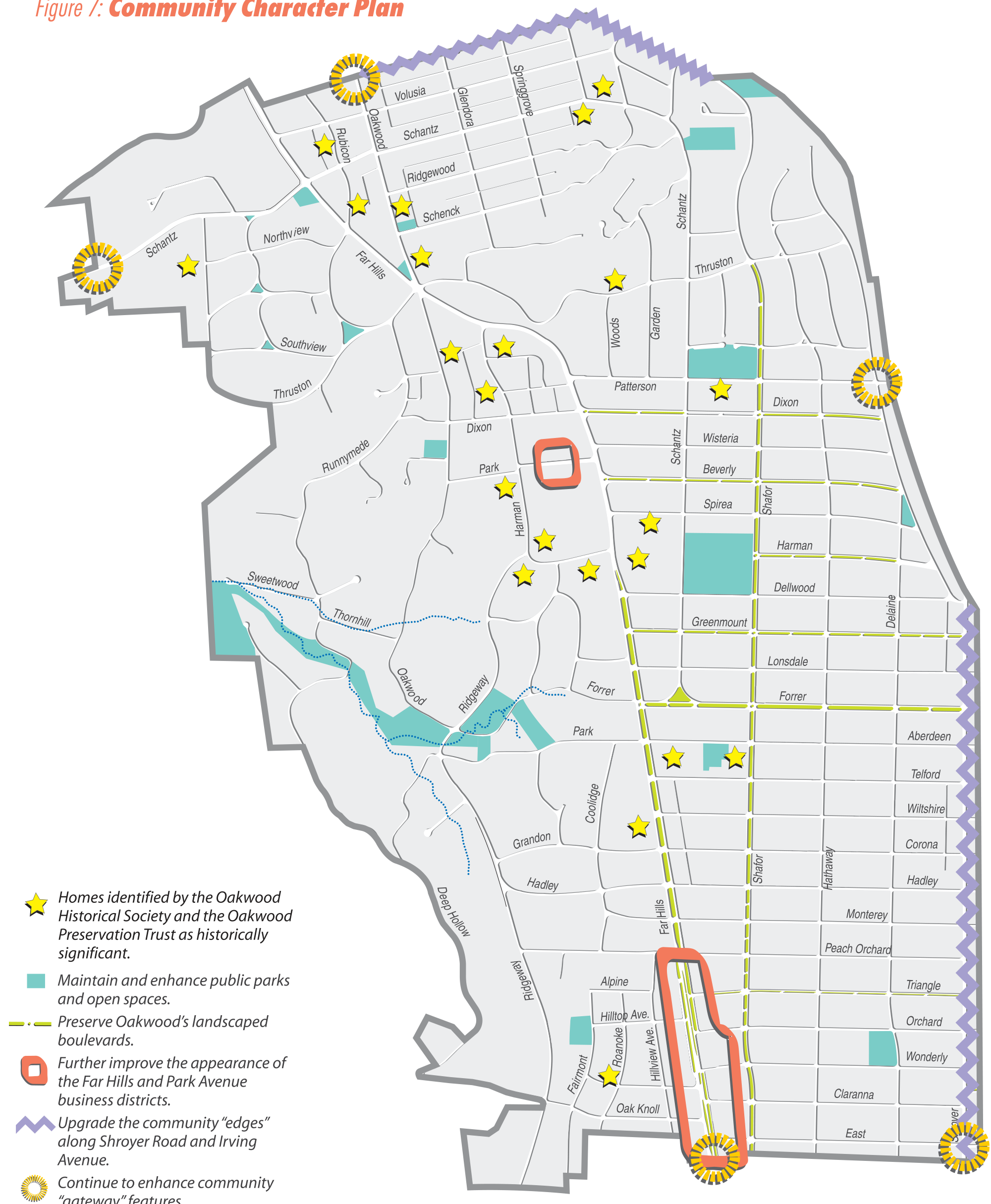 Community Character Plan map for City of Oakwood, Ohio showing historically significant homes, public parks, landscaped boulevards, business districts, community edges, and gateway features.