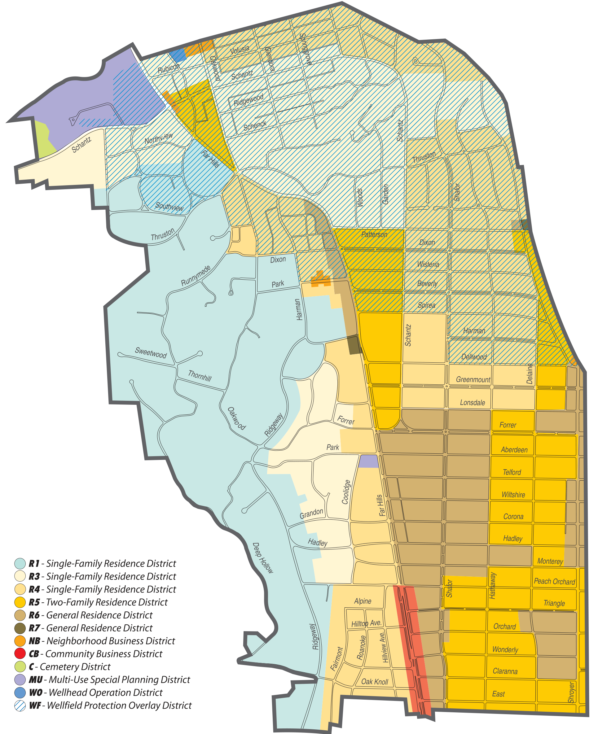 Figure 11: Current Zoning map of the City of Oakwood, Ohio, showing residential, business, cemetery, and multi-use zoning districts along with street labels such as Hillview Ave.