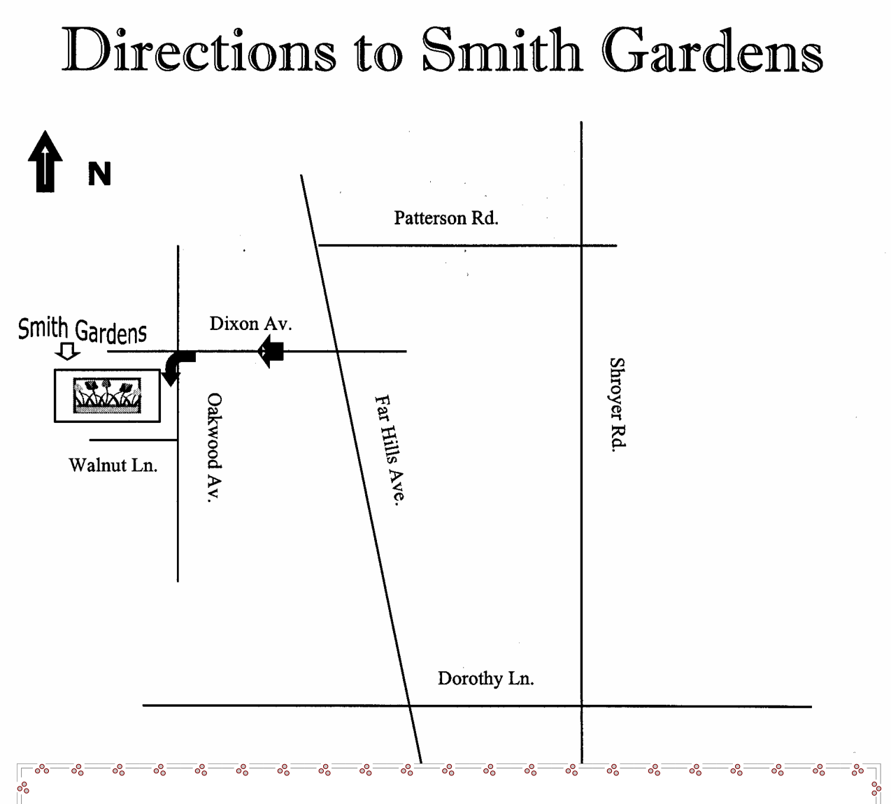 Directions map to Smith Gardens showing Far Hills Ave Route 48, Dixon Ave, Oakwood Ave, Shroyer Rd, Patterson Rd, and Dorothy Ln.