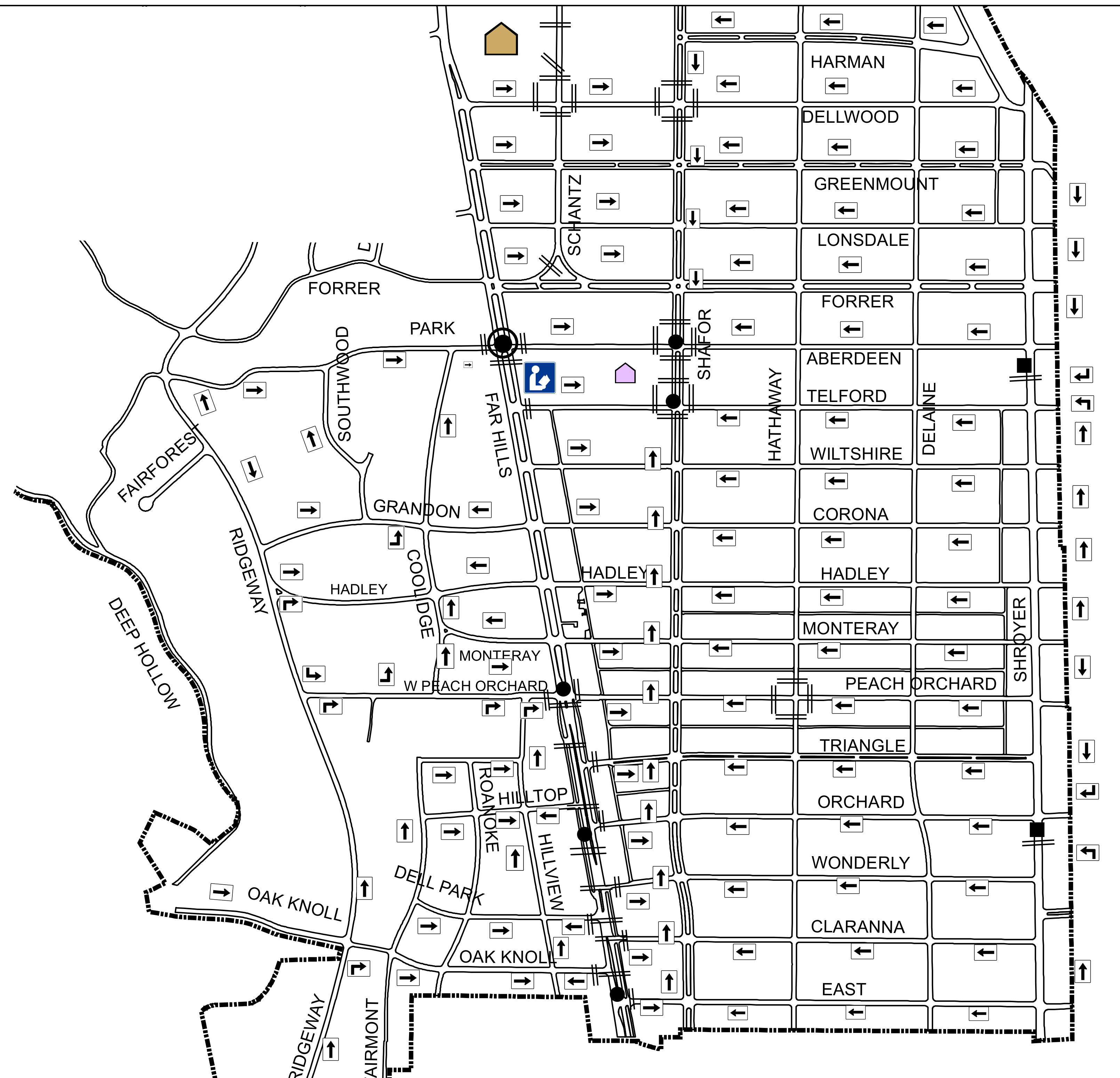 Detailed street map for the Smith Elementary suggested school route, with named streets, directional arrows, safety symbols, school and library markers, and a north arrow on the page.