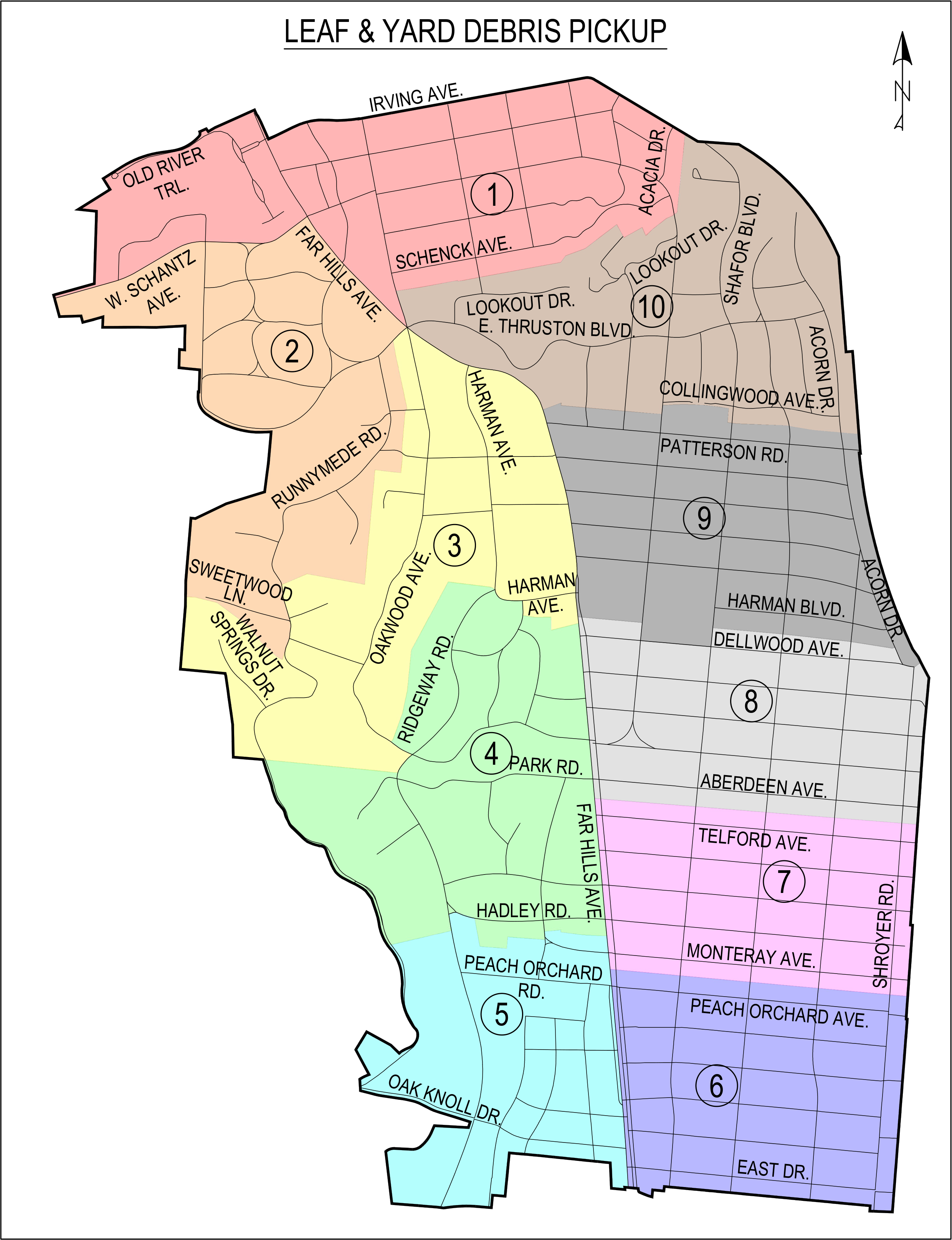 City map showing 10 Leaf and Yard Debris Pickup zones with street boundaries, street names, and a north arrow.
