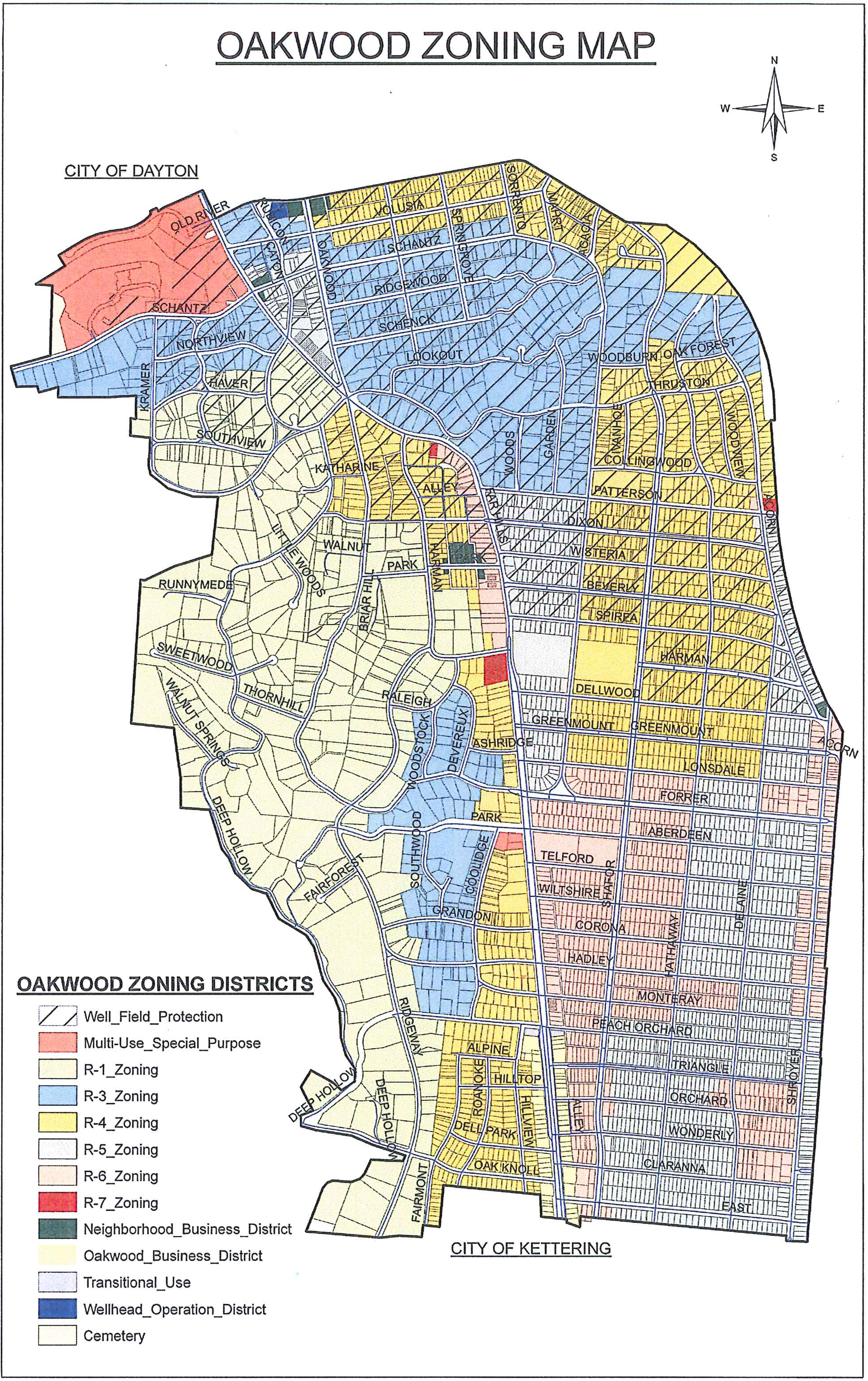 Official zoning map for the City of Oakwood showing residential, business, special purpose, wellhead, and overlay districts with street grid, bounded by the City of Dayton to the north and the City of Kettering to the south.