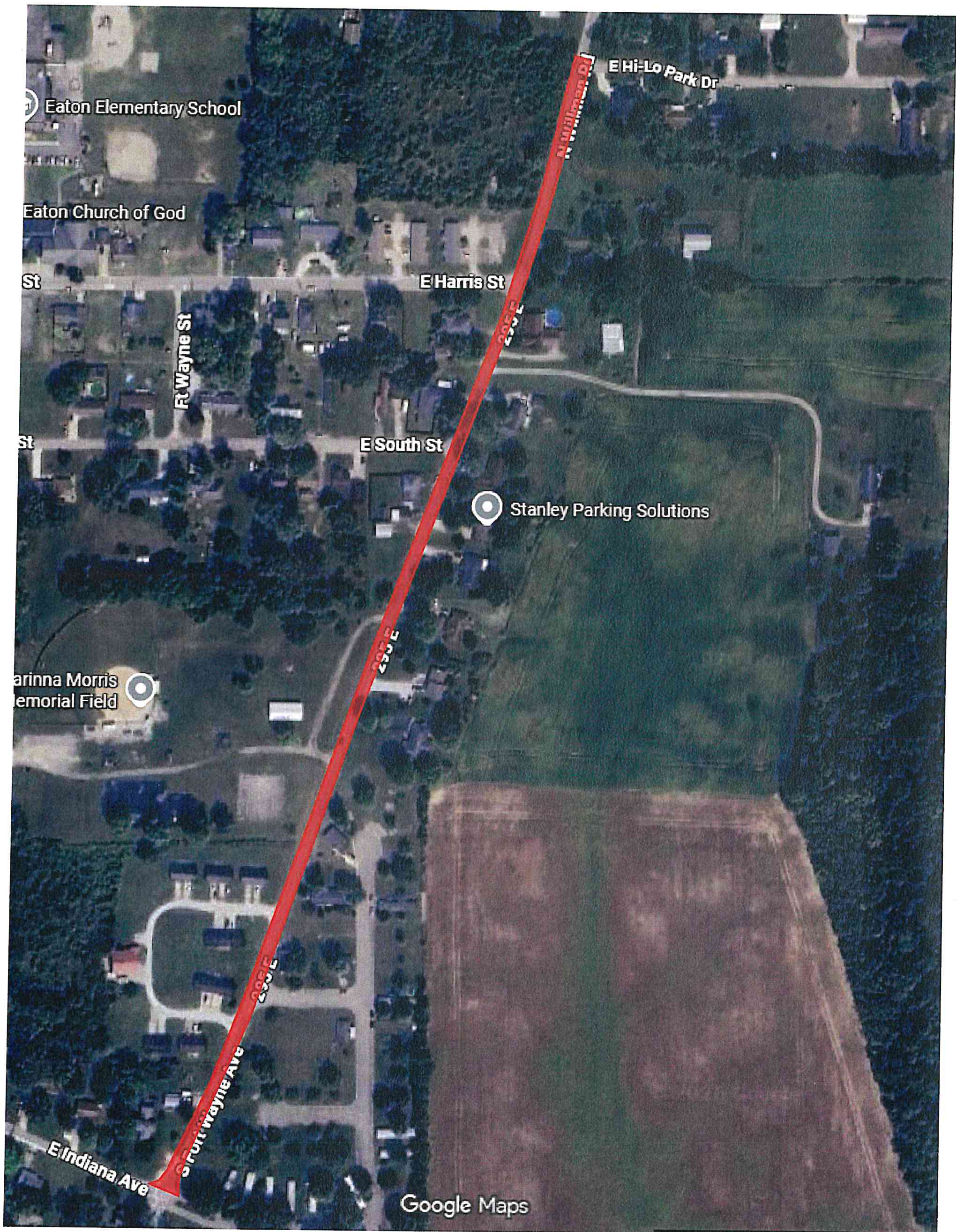 Google Maps aerial view of the Eaton, Indiana area with a highlighted red line running from E Indiana Ave toward E Hi-Lo Park Dr, near E Harris St, E South St, and Stanley Parking Solutions.