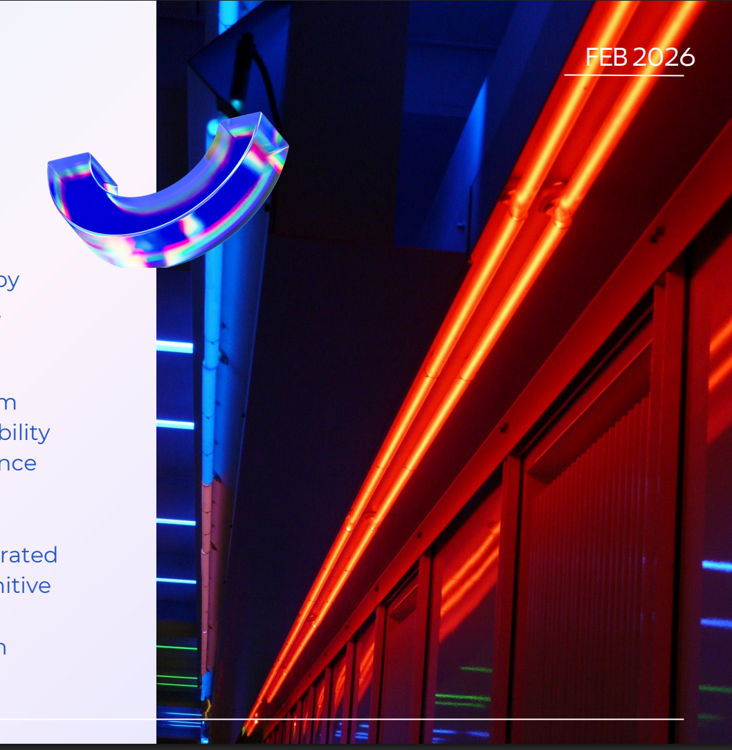 Abstract background featuring vibrant neon lights in red and blue, with a curved, iridescent holographic graphic element.