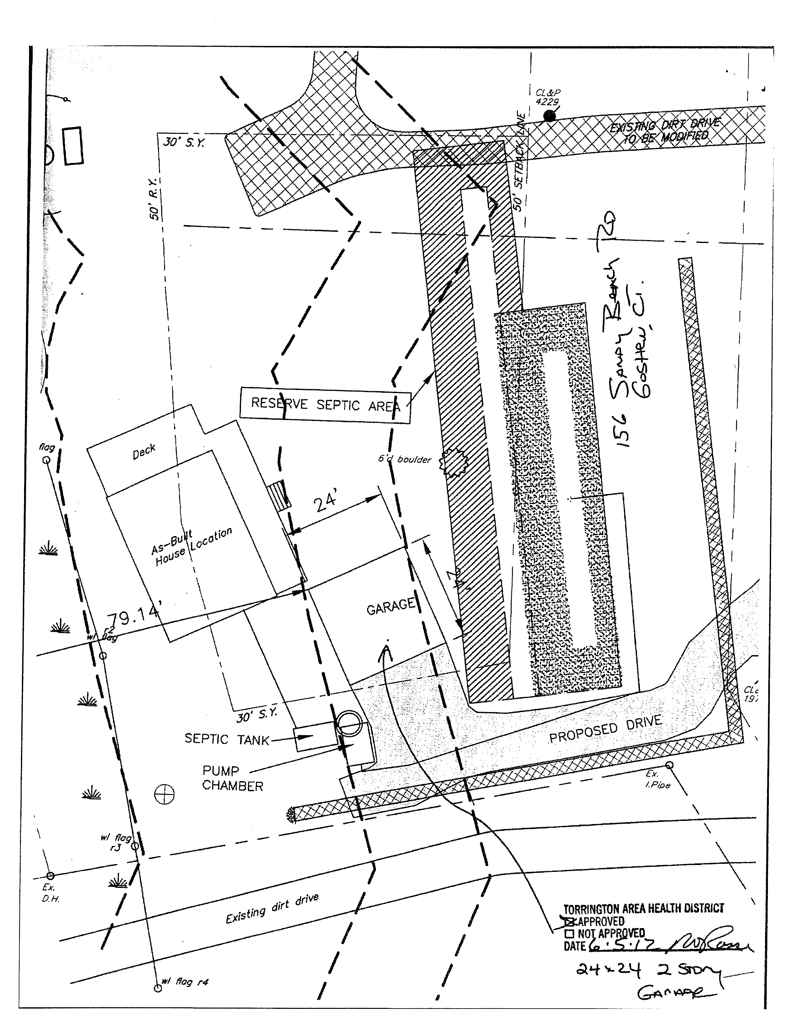 Site Plan for 156 Sandy Beach Road, Goshen, CT showing as-built house location, proposed garage, driveway modifications, septic tank, pump chamber, and reserve septic area.