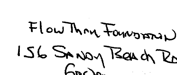 Handwritten annotation reading: Flow Thru Foundation, 156 Sandy Beach Rd, Goshen