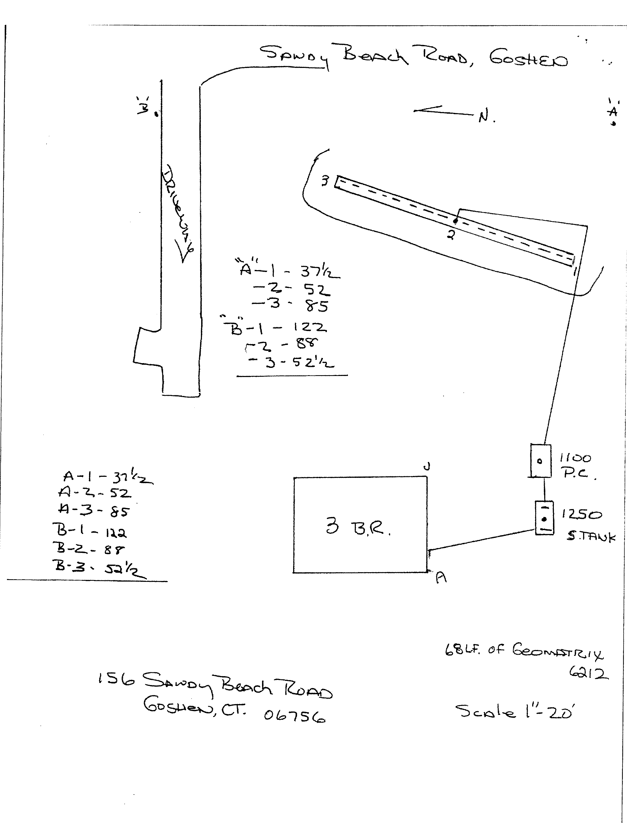 Hand-drawn site plan map showing Sandy Beach Road, driveway, 3-bedroom house, 1250-gallon septic tank, 1100-gallon pump chamber, and 68-linear-foot Geomatrix leaching system with tie measurements from reference points A and B.
