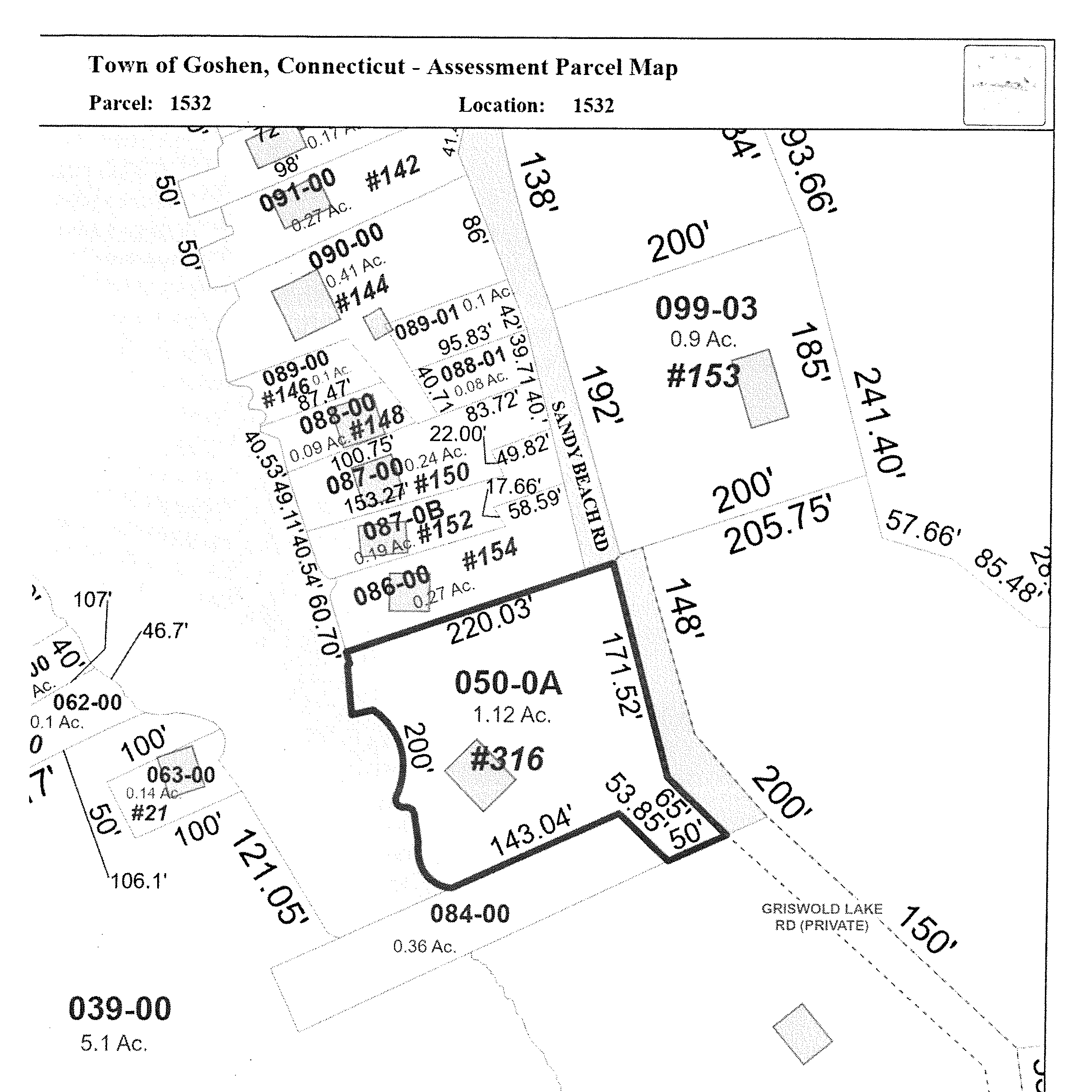 Town of Goshen Assessment Parcel Map highlighting Parcel 050-0A (#316) of 1.12 acres located along Sandy Beach Road and Griswold Lake Road (Private), surrounded by neighboring lots.