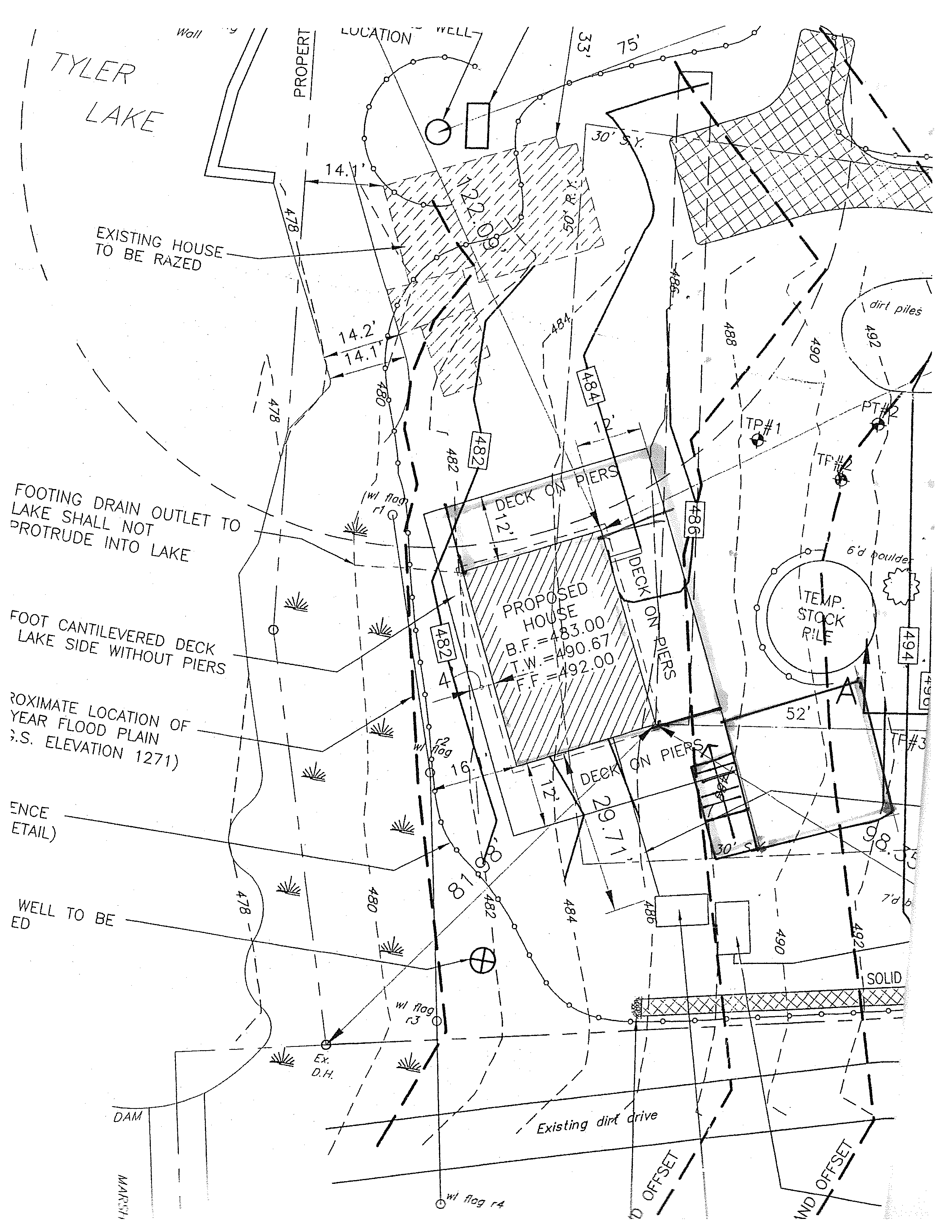 Complete engineering site and grading plan for Tyler Lake showing Tyler Lake, the existing house to be razed, proposed house and decks, property boundaries, dimensions, elevations, contours, driveway, well, test pits, stockpile, and site notes.