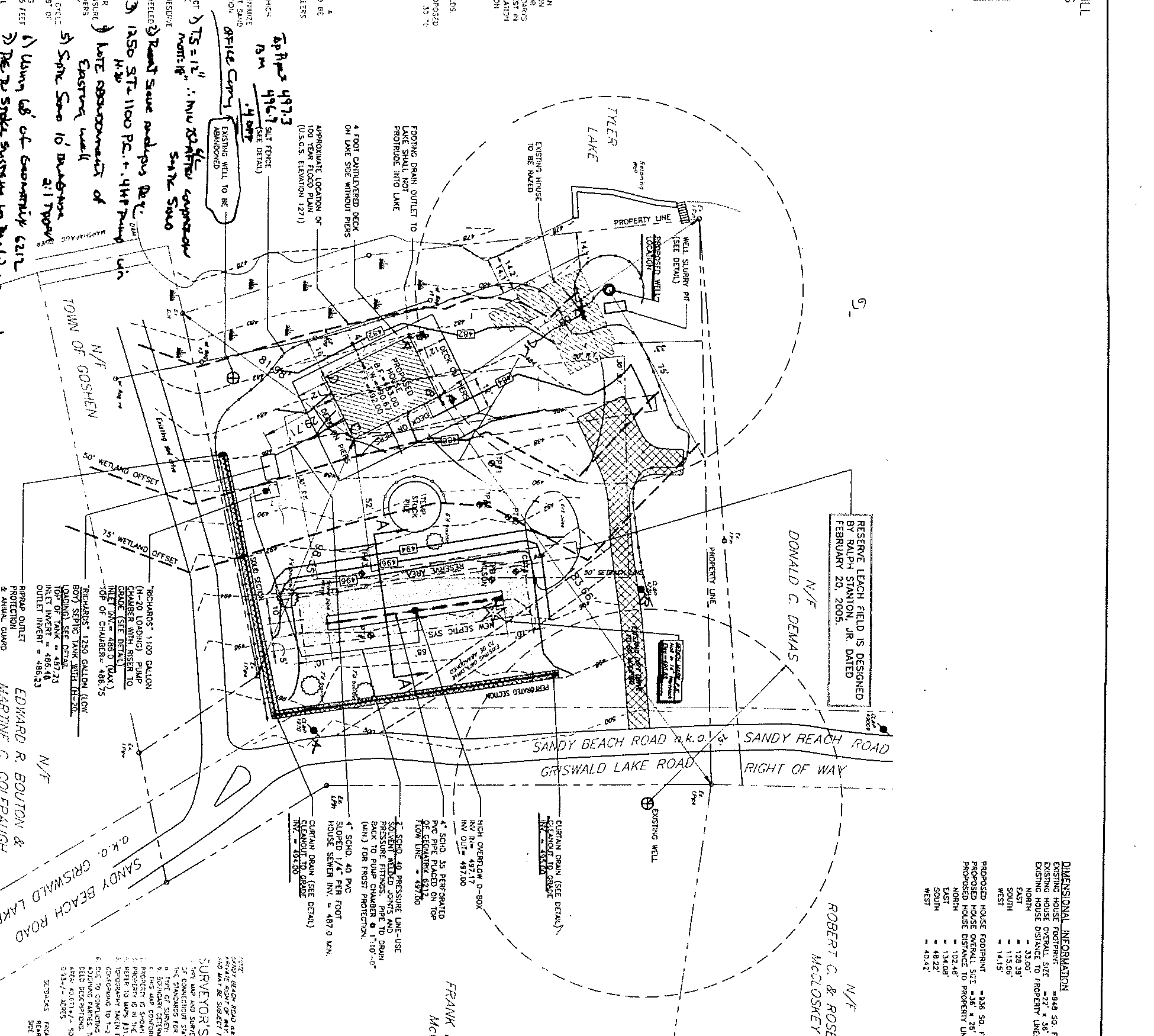 Engineering plan drawing for septic repair showing Tyler Lake shoreline, existing house to be razed, proposed house footprint, 1250 gal septic tank, 1100 gal pump chamber, 68 linear ft Geomatrix 6212 leaching system, curtain drain with high overflow D-box, well slurry pit, and Sandy Beach Road.