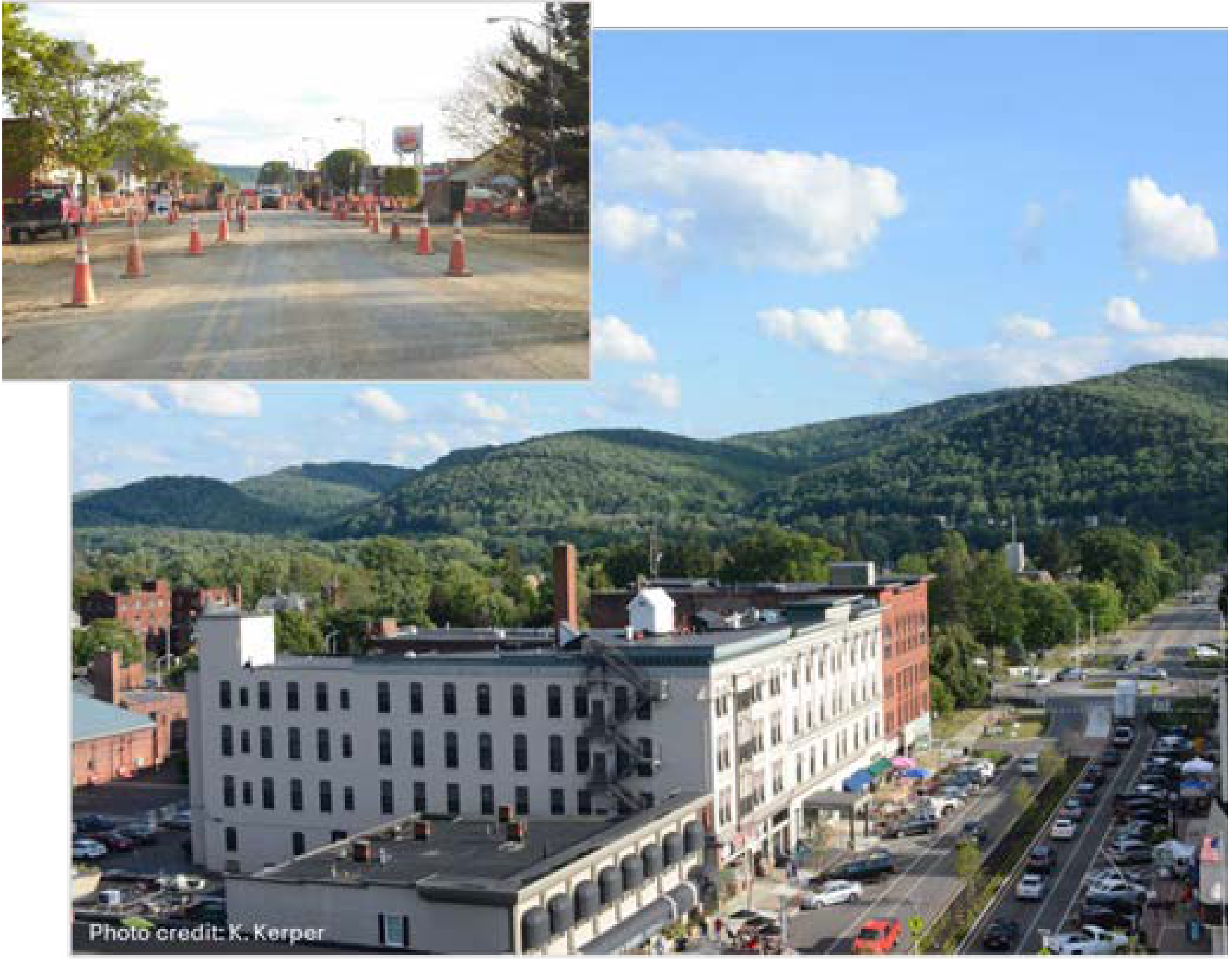 Before and after view of Olean's downtown makeover. The top left inset shows road construction, while the main photo shows the completed walkable streetscape with buildings, trees, and hills in the background.