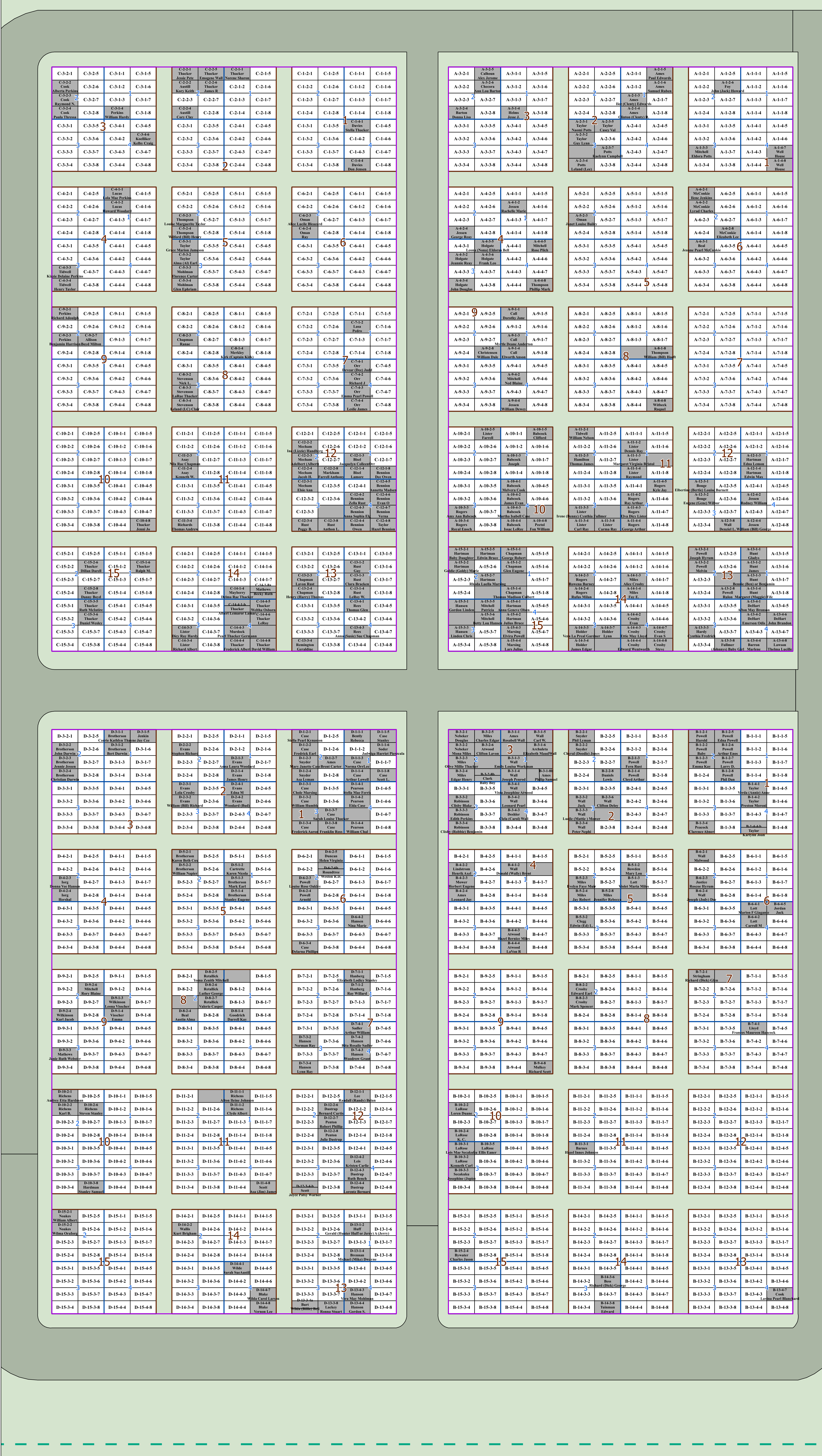 Complete plot layout and grave numbers for Altamont Cemetery sections A, B, C, and D with legend