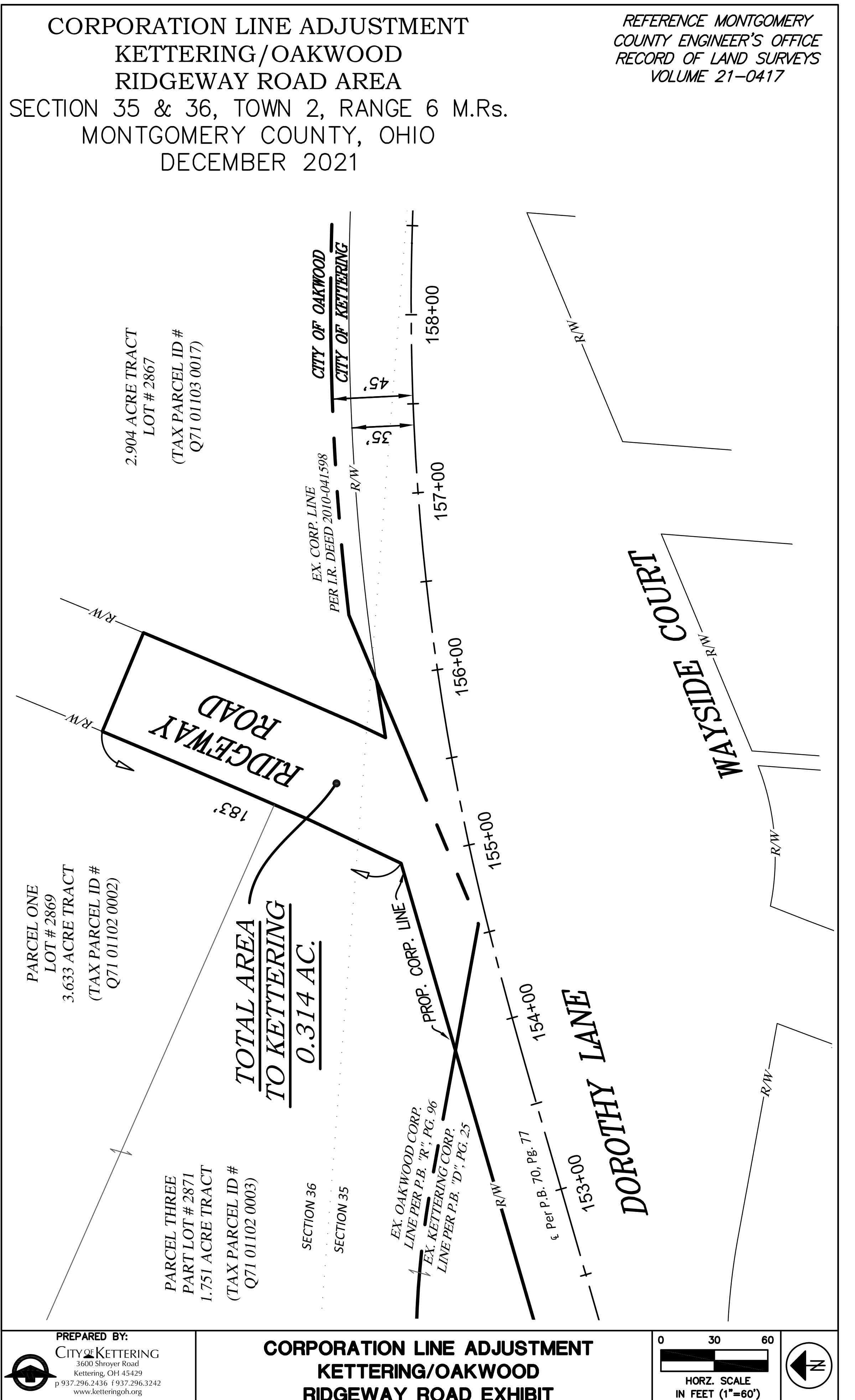 Corporation Line Adjustment map exhibit for the Kettering/Oakwood Ridgeway Road Area, showing the corporation line, roads, parcels, stationing, dimensions, and title block.