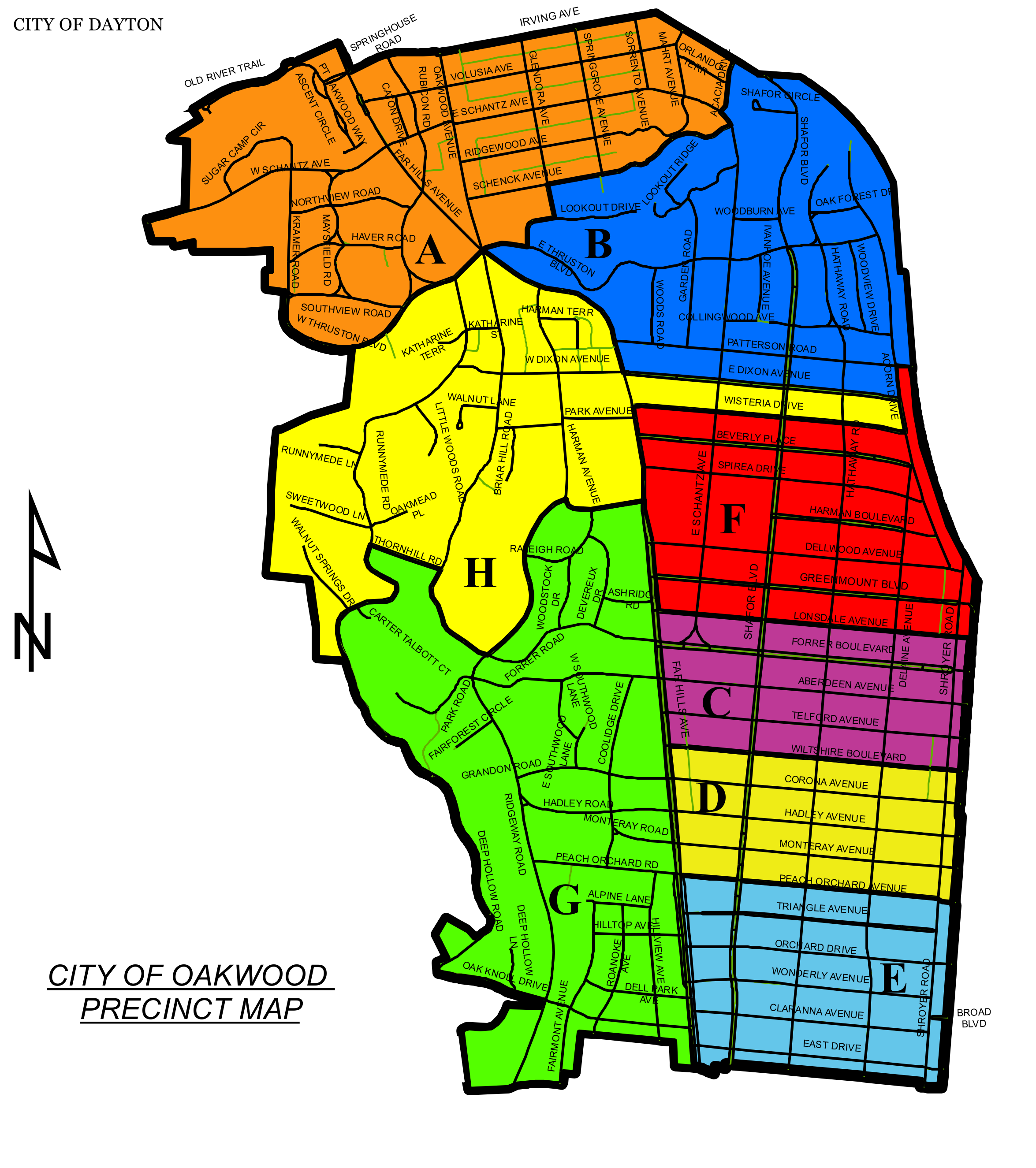 City of Oakwood Precinct Map showing precincts A through H and street labels
