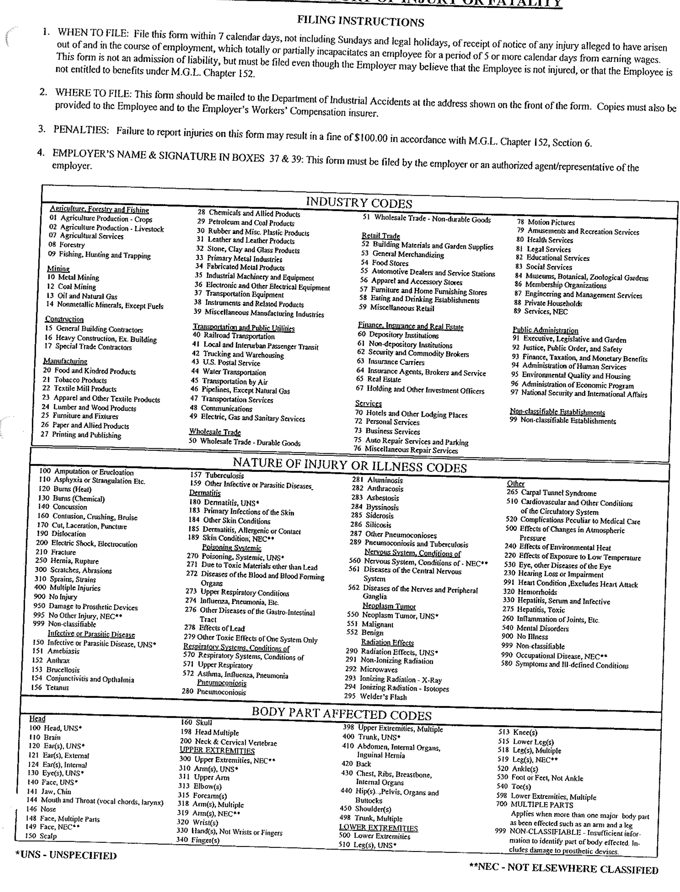 Industry codes, nature of injury or illness codes, and body part affected codes reference tables