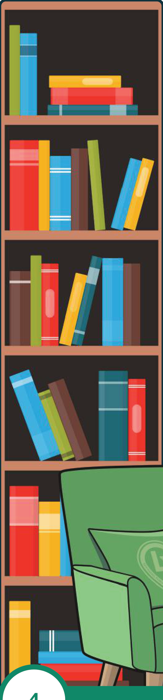Bookshelf with colorful books and a green armchair at the bottom