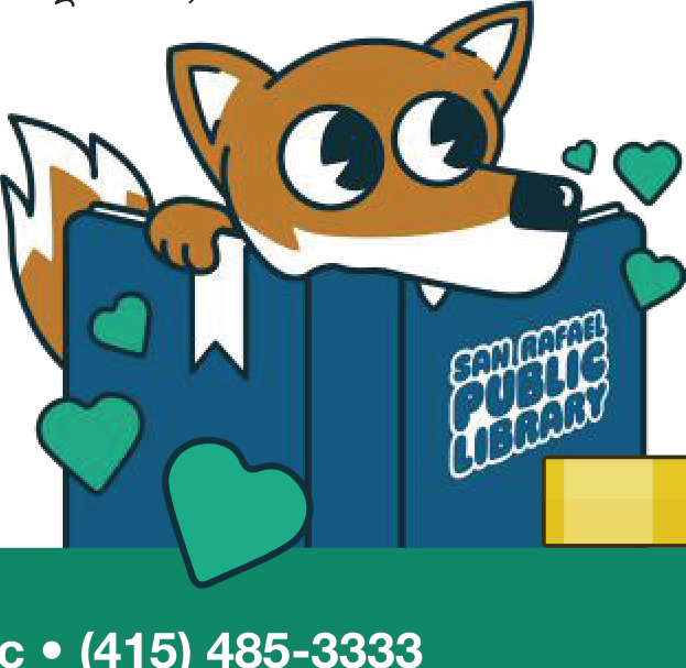 A cartoon fox character popping out of a blue book labeled San Rafael Public Library with green hearts around it