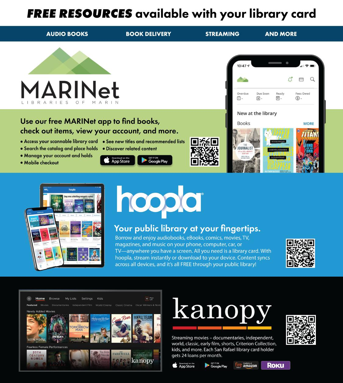 Informational graphic about free library resources: MARINet app for catalog searching and account management, hoopla for audiobooks and comics, and kanopy for streaming documentaries and movies. Includes app download links and QR codes.