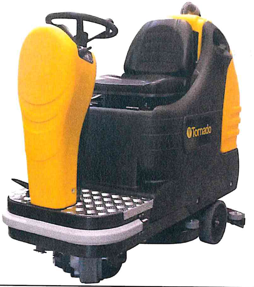 Tornado TS560 Ride-On Automatic Floor Scrubber with yellow steering console and black body