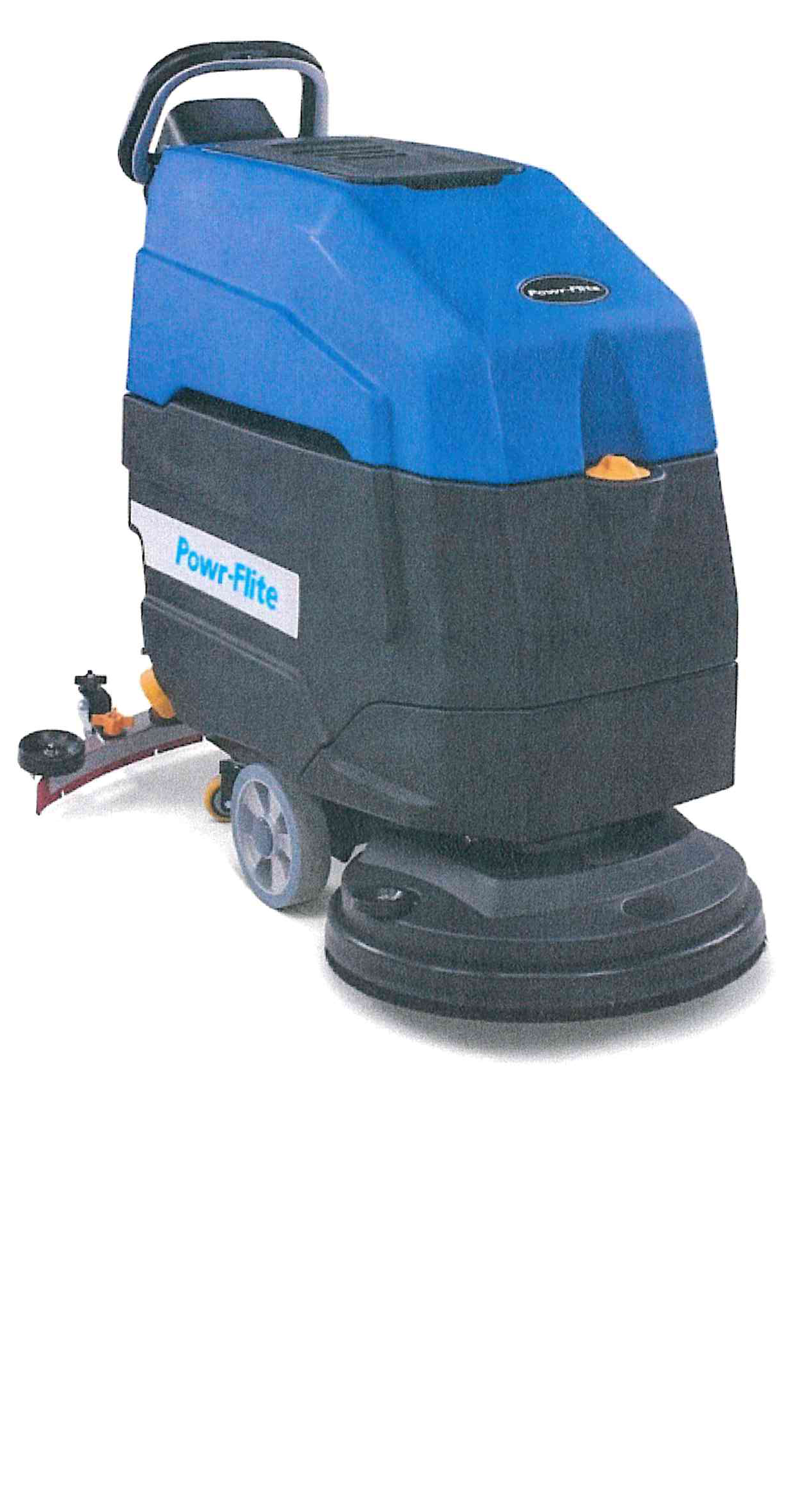Powr-Flite PS530-W22-UC walk-behind automatic floor scrubber with blue upper recovery tank and black lower solution tank