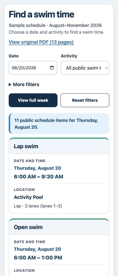 Pool schedule: Web page